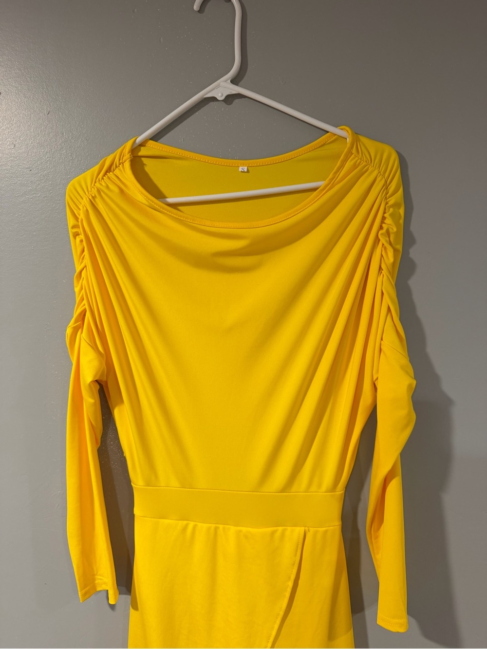 Yellow Draped High-Low Dress with Ruched Shoulders - Picture 2 of 2